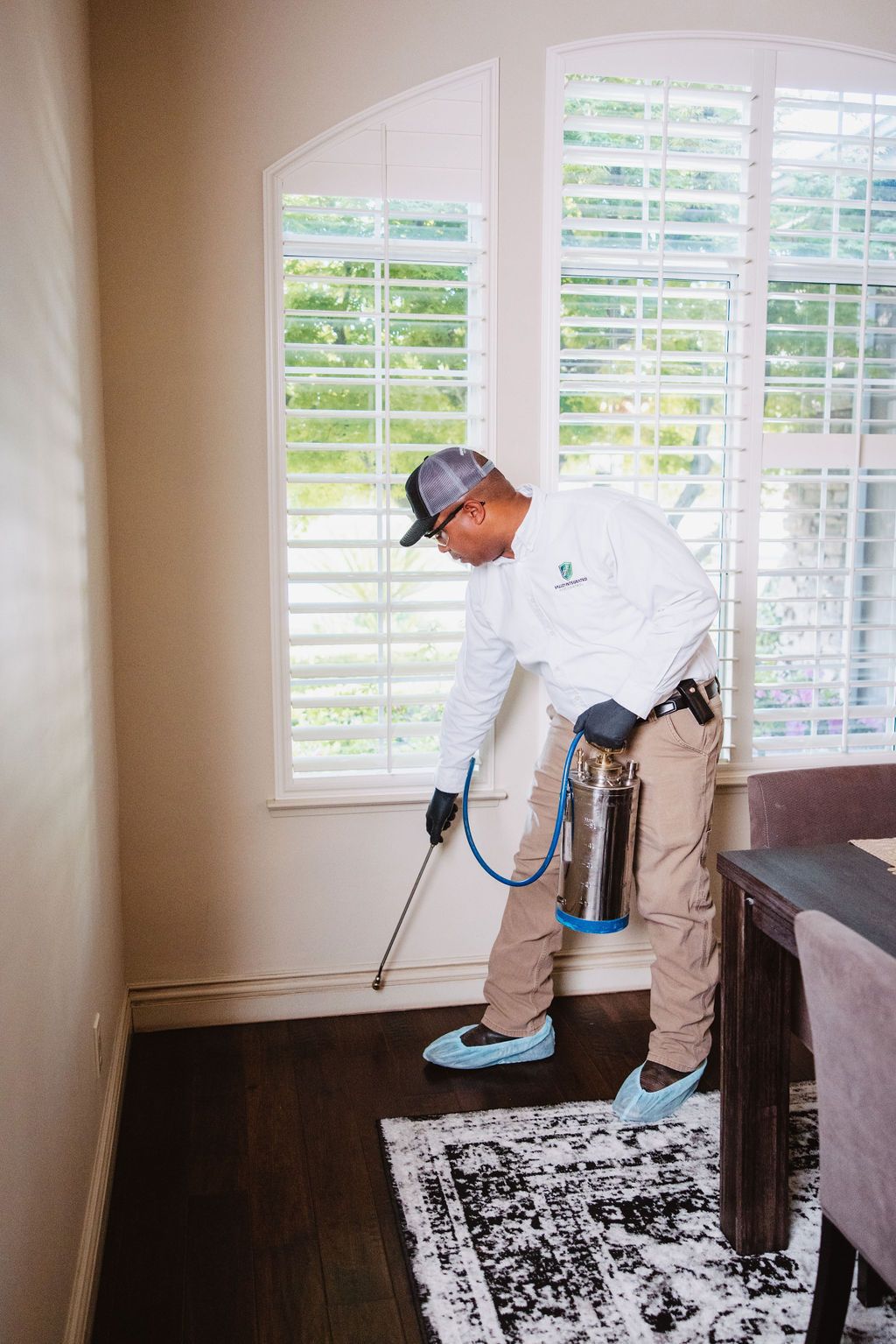 A person applying a targeted indoor pest treatment near a baseboard