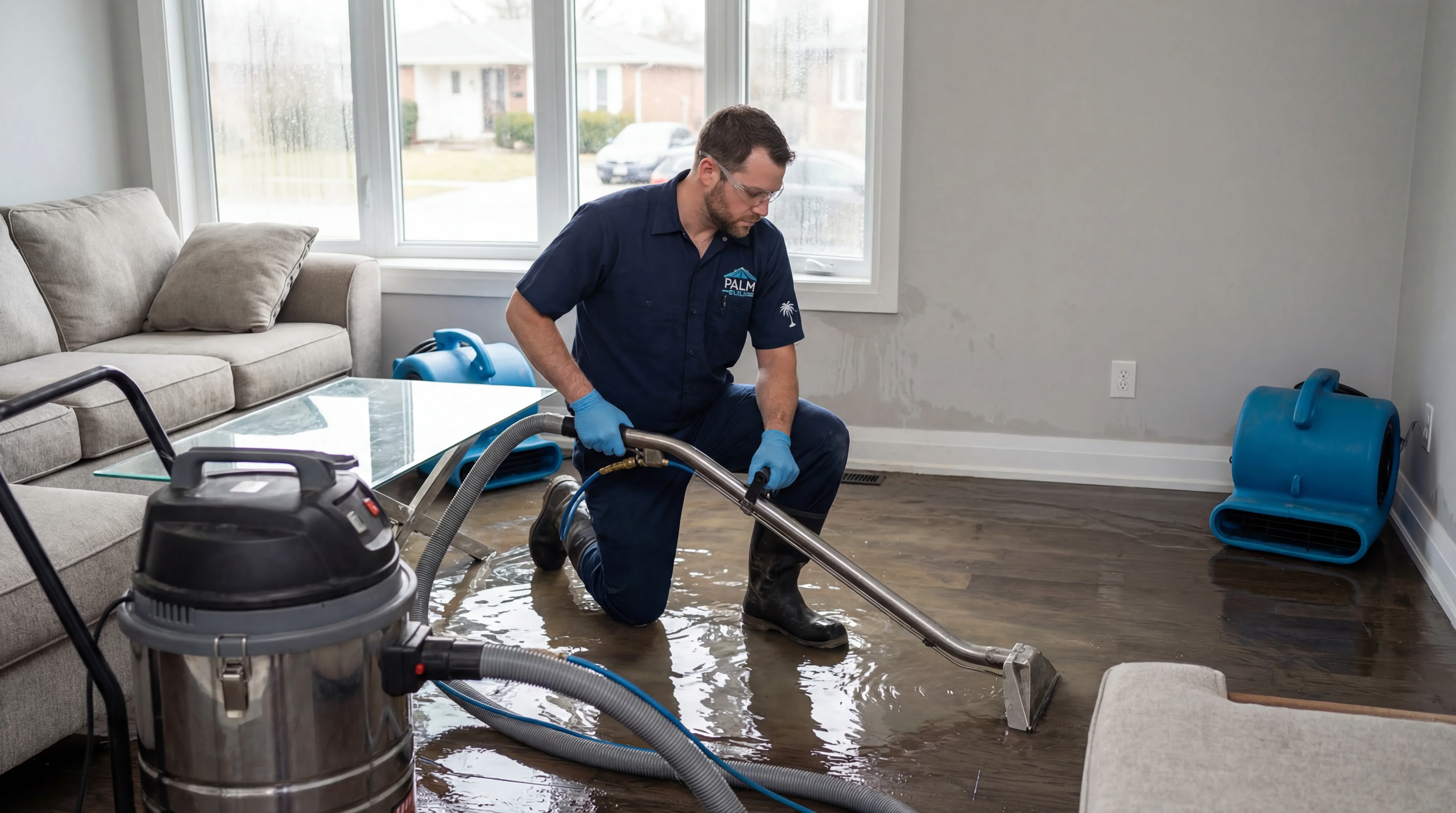 An illustration of a person extracting indoor water beside air movers in a living room